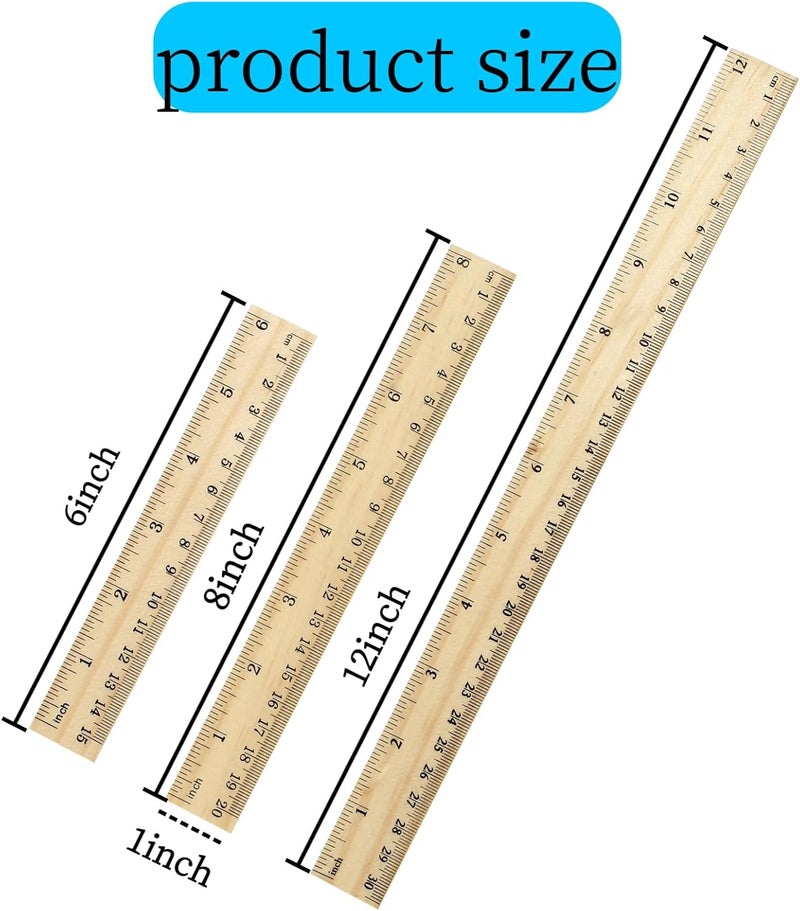 Vesslam 3 Pack Wooden Ruler Set, 6, 8, 12 Inch Rulers, High-Quality Metric Ruler, Easy to Read, mm, Sturdy and Durable Straight Edge for Drawing, Home, Office, Engineering - Image 2